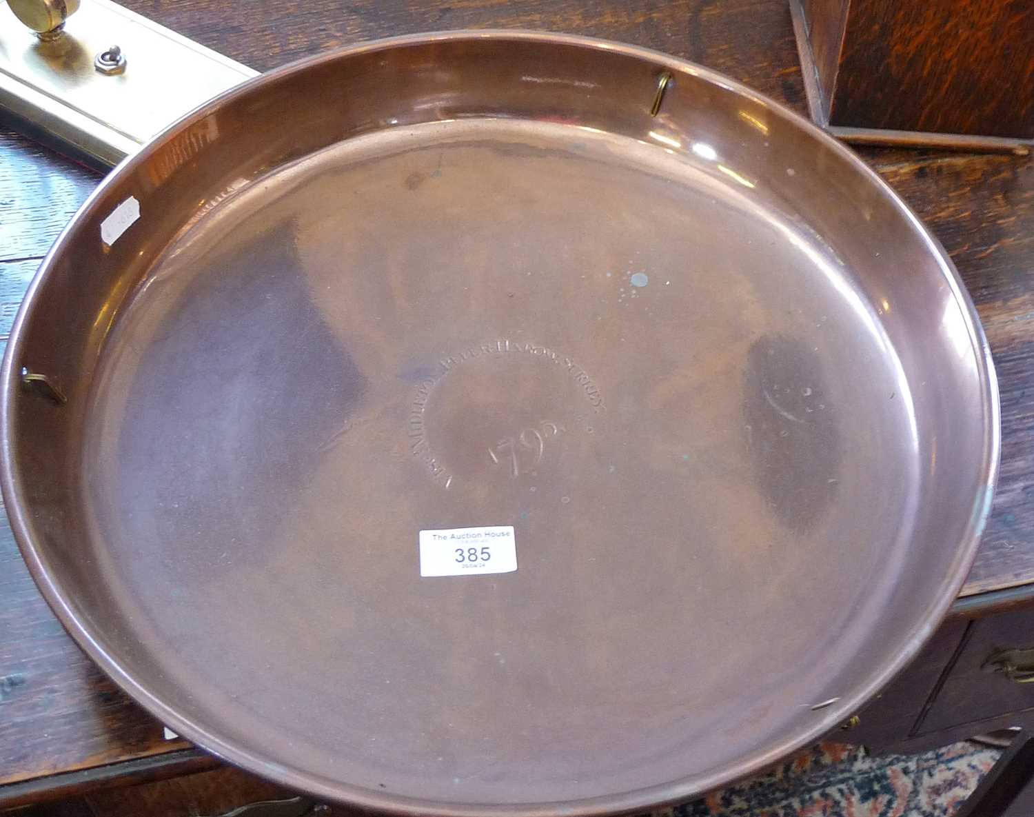 18th c. dated copper pan inscribed "Viscount Midleton, Peper-Harow, Surrey, 1795", 40cm diameter