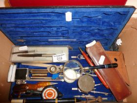 Draughtsman's tools, Horne & Thornethwaite compass, banded agate handle magnifying glass etc