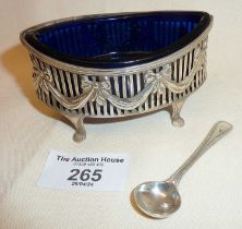Edwardian silver salt cellar pierced and swagged in the neoclassical style with blue glass liner and