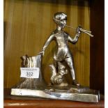 Art Deco chromed desk lighter of a figure of Peter Pan on plinth with squirrel