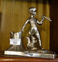 Art Deco chromed desk lighter of a figure of Peter Pan on plinth with squirrel