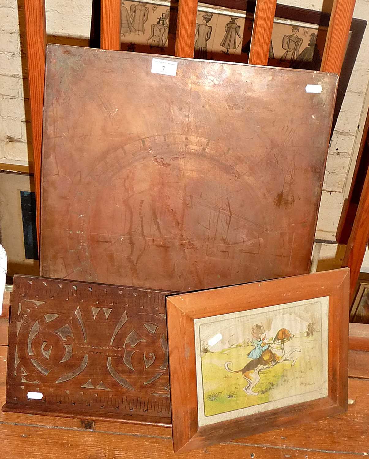 19th c. etched copper plate of the points of the compass, a humorous fox on hound print and a carved