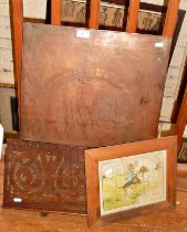 19th c. etched copper plate of the points of the compass, a humorous fox on hound print and a carved