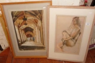 A graphite and chalk life study of a seated girl and a watercolour of cloisters with people,