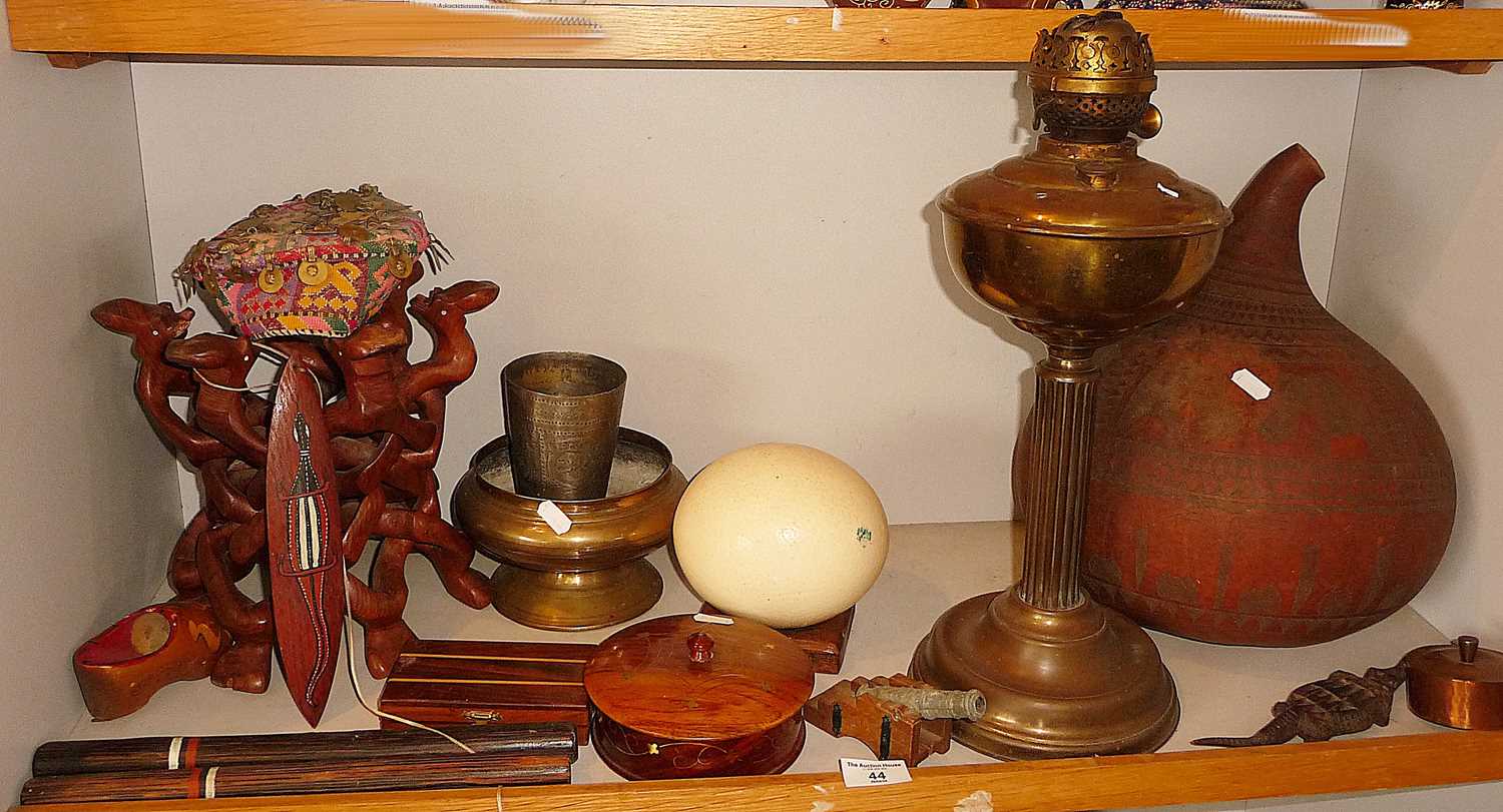 Assorted wooden items, an Ostrich egg, African carved hardwood stand and a large gourd with
