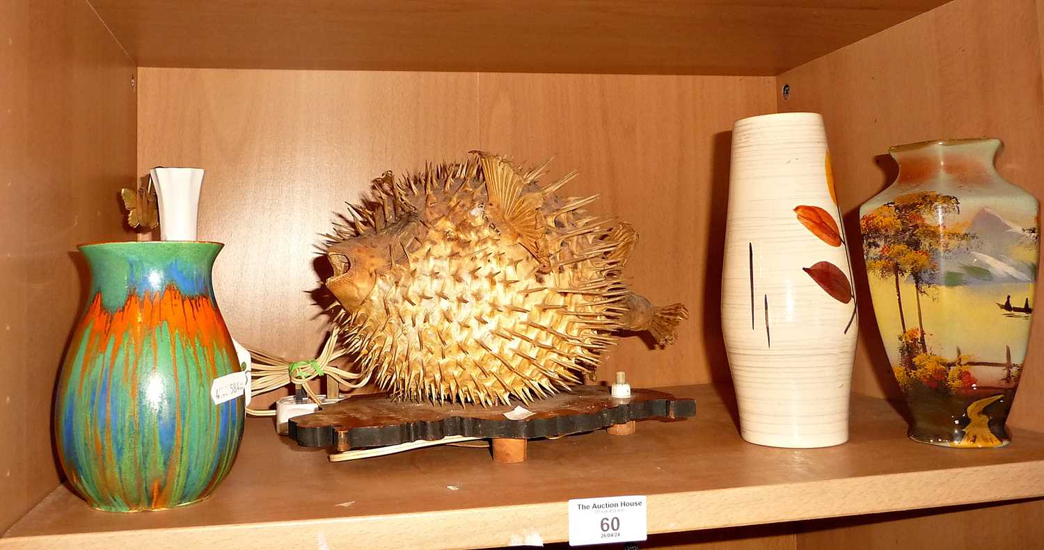 Puffer fish lamp, 1930's Royal Staffordshire vase, 1960's West German vase and two others