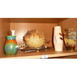 Puffer fish lamp, 1930's Royal Staffordshire vase, 1960's West German vase and two others