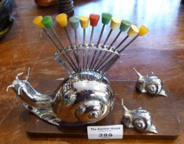 Art Deco chrome snail family with escargot picks holder