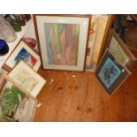 8 various paintings, inc. abstract watercolour by Nick Andrew, and a pastel landscape by Zara