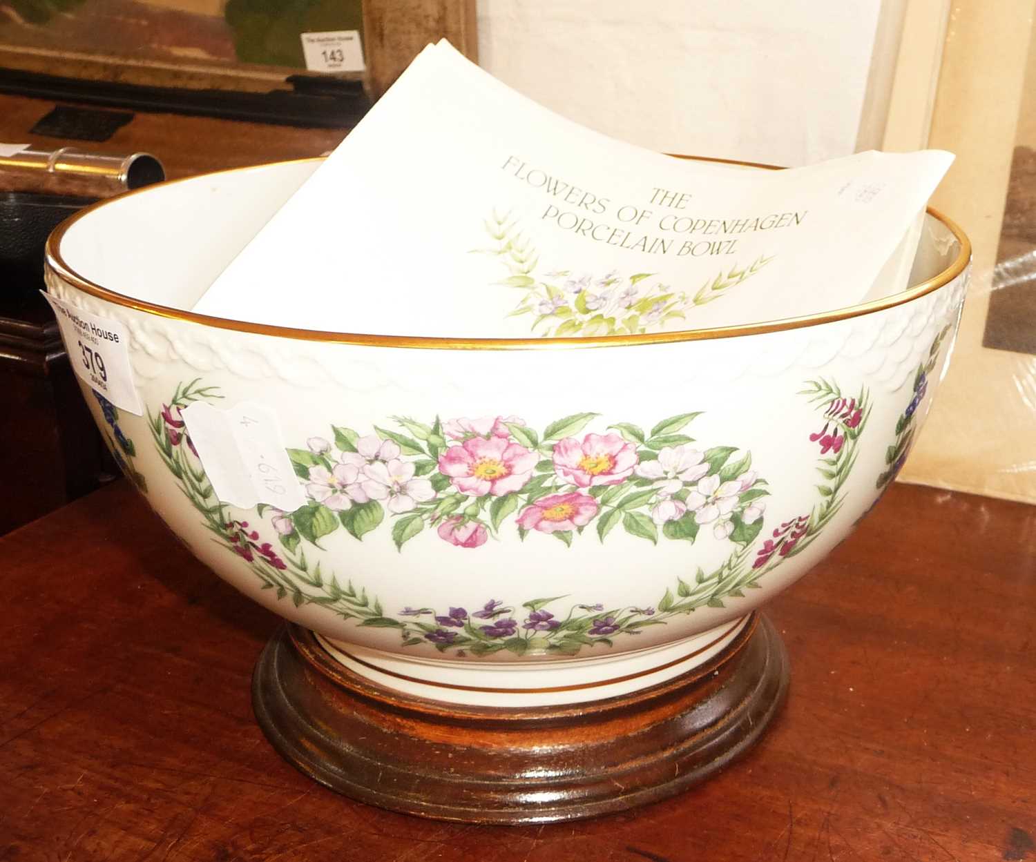 Royal Copenhagen porcelain "Flowers of Copenhagen" bowl on wooden stand