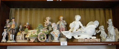 Porcelain figure groups and a marble stand, together with a porcelain cherub posy vase and other