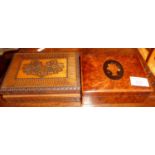 Peruvian carved box containing bone and ebony dominoes. Together with a finely inlaid burr walnut