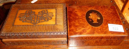 Peruvian carved box containing bone and ebony dominoes. Together with a finely inlaid burr walnut