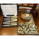 Persian papier mache painted box, vintage evening bag, cased tea knives and a diamante tiara