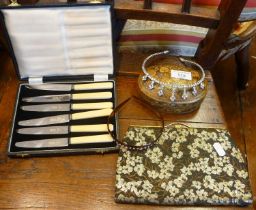 Persian papier mache painted box, vintage evening bag, cased tea knives and a diamante tiara