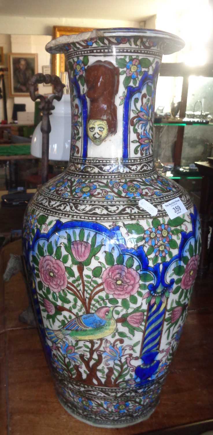 A large Persian Qajar vase polychrome floral pattern baluster, the handles fashioned as recumbent - Image 5 of 7