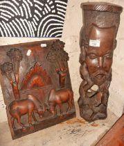 Tribal Art - 20th c. African carved hardwood relief panel of bulls fighting and a sculpture of