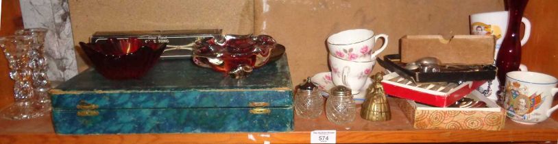 Shelf of assorted china, glass and cutlery