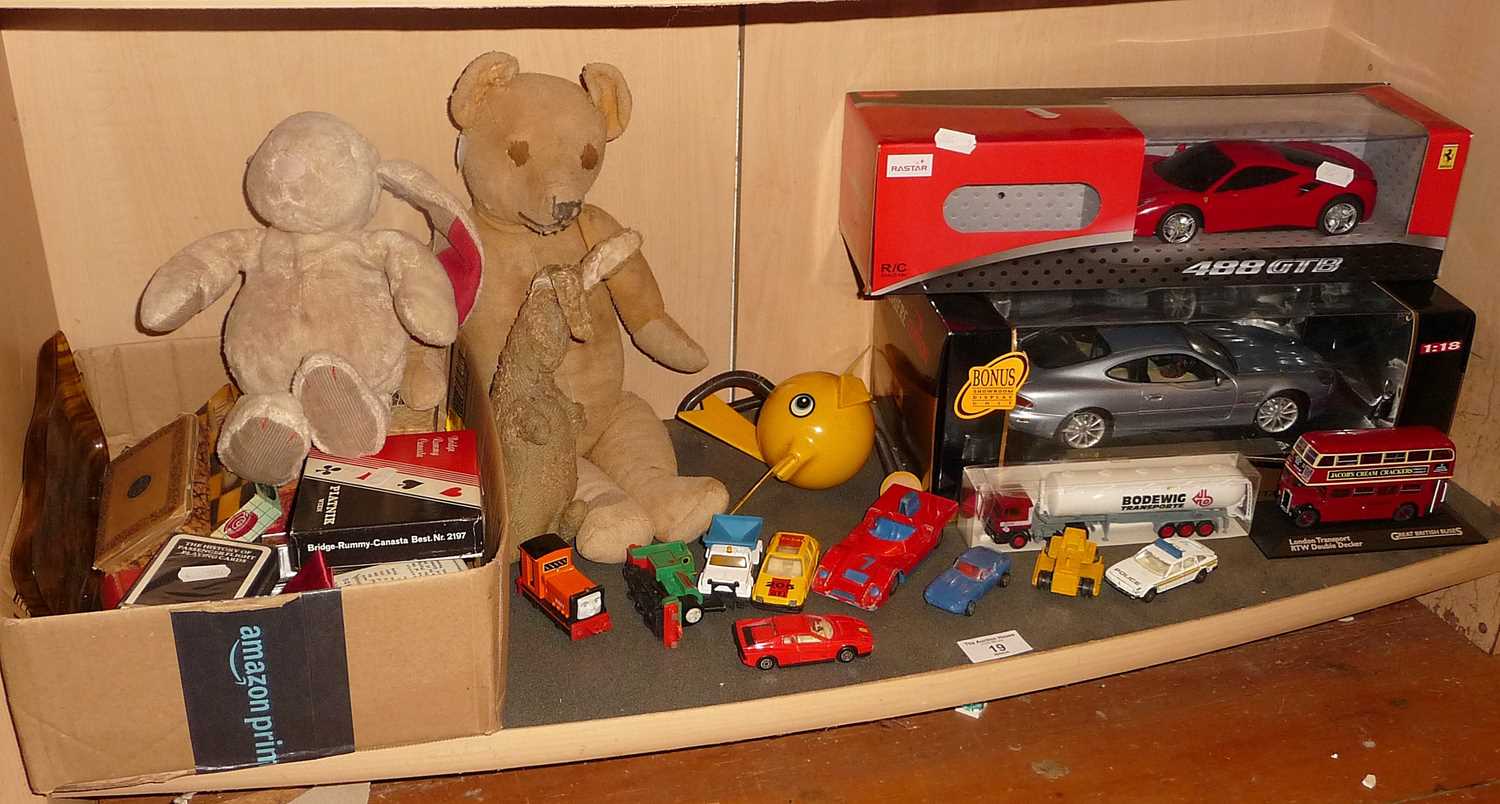 Various diecast vehicles, teddy bears and playing cards