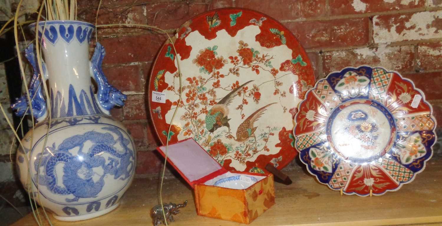 Imari plate (A/F), large Oriental charger (A/F), Chinese blue and white vase with dragon handles (