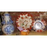 Imari plate (A/F), large Oriental charger (A/F), Chinese blue and white vase with dragon handles (