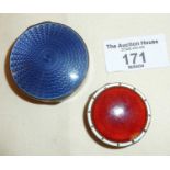 Two silver pill or trinket boxes with guilloche enamel lids, both hallmarked