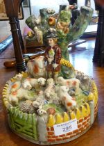 Staffordshire pearlware group of shepherd with flock of sheep and tree with birds and entwined