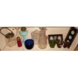Cut glass decanter, two glass biscuit barrels, opaline glass oil lamp base and other glassware,