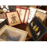 Four framed cariacature prints of military men, a watercolour of the chapel of William Tell by a
