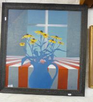 An oil on a gesso panel of a still life with blue jug of yellow flowers and a window, entitled Edge,