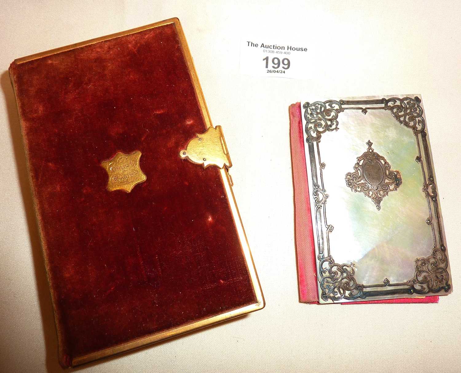 1842 gilt and velvet prayer book lined with silk, and a mother of pearl and silver visiting card