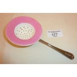 Rare Minton's tea strainer with plated handle, marked as by William Hutton & Sons Britannia Plate (