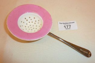 Rare Minton's tea strainer with plated handle, marked as by William Hutton & Sons Britannia Plate (