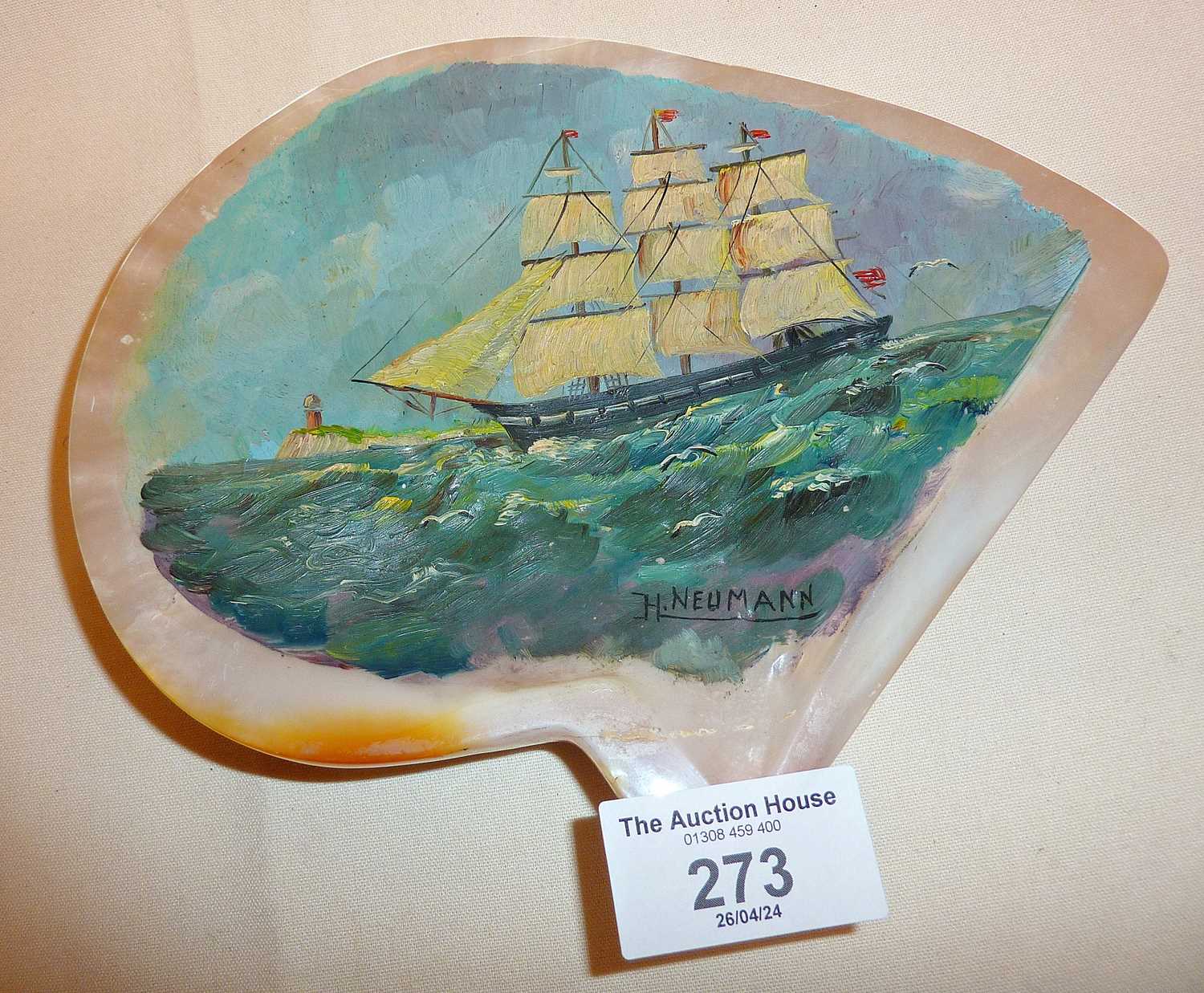 Sailor's Scrimshaw Folk Art Clipper painting on a mother of pearl shell, signed H.N. Eumann, and