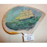 Sailor's Scrimshaw Folk Art Clipper painting on a mother of pearl shell, signed H.N. Eumann, and
