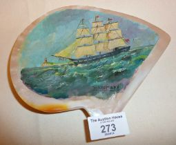 Sailor's Scrimshaw Folk Art Clipper painting on a mother of pearl shell, signed H.N. Eumann, and