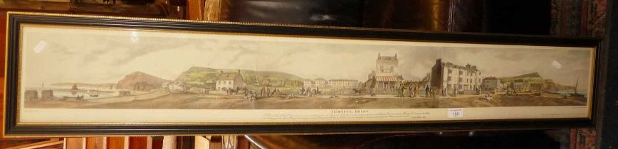 Panoramic coloured engraving of 19th century Seaton coast and seafront in Hogarth frame, 10" x 54"