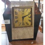 French Obelisk style Art Deco marble and slate cased mantle clock, approx. 20cm high