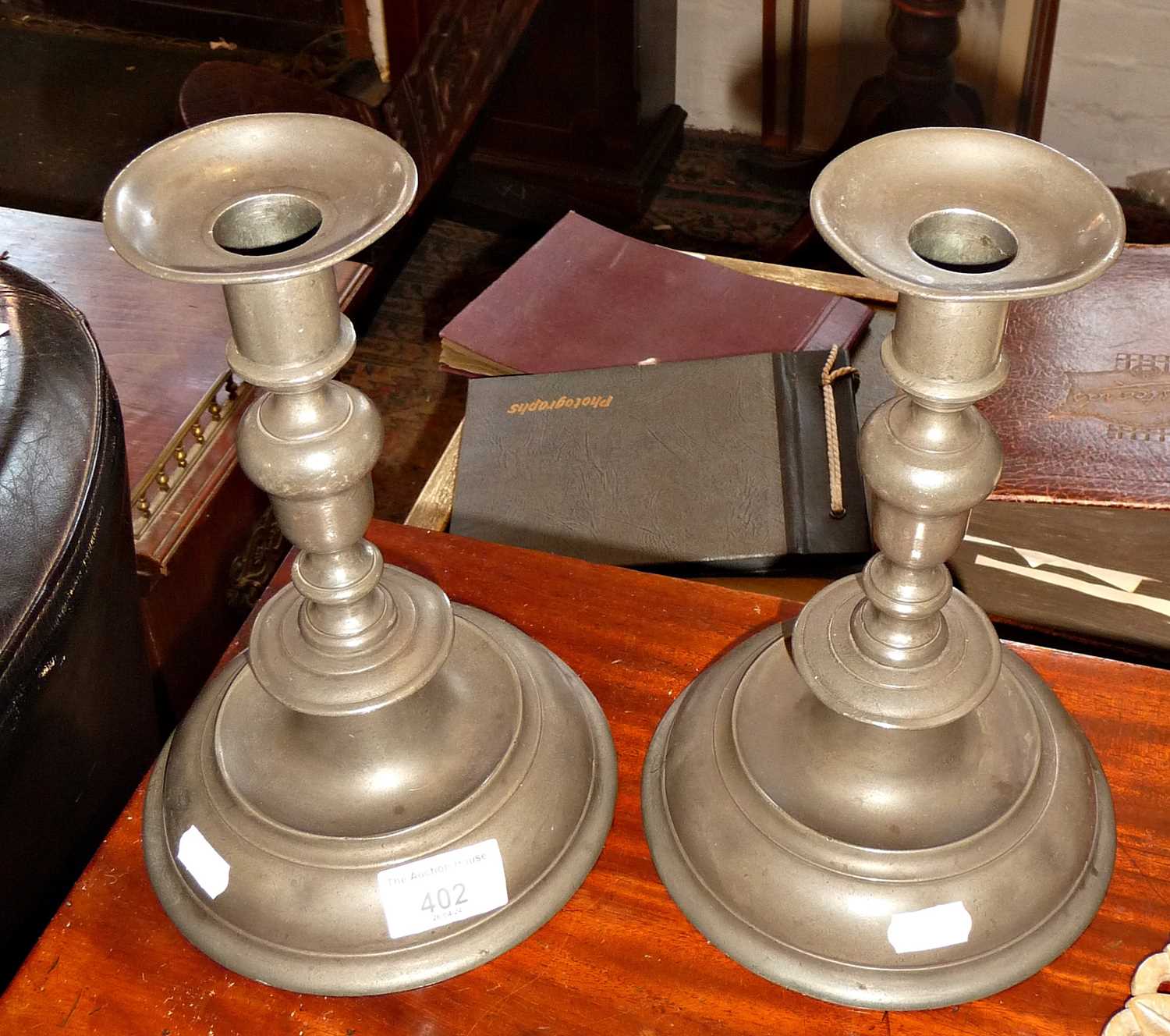 Pair of 18th c. pewter candlesticks with Bristol touchmarks, approx. 24cm high