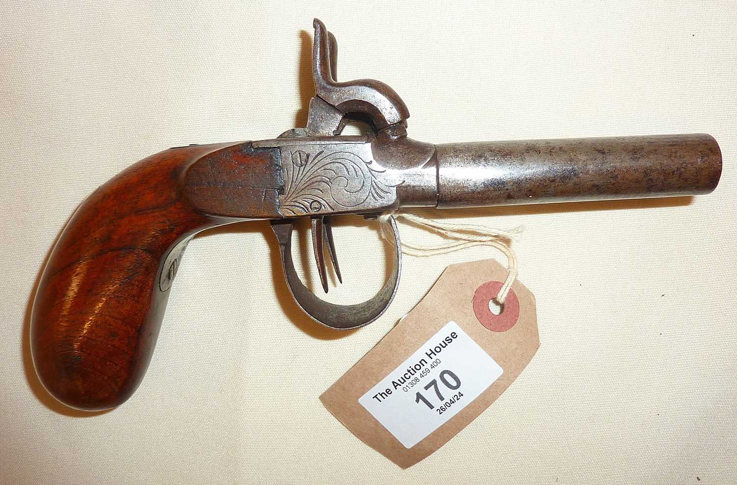 19th c. double barrelled percussion pistol, approx. 18.5cm long - Image 2 of 2
