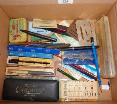 Drawing and artist's instruments, inc. stencils, Uno airbrush nozzles, pens, inc. a Parker 51 in