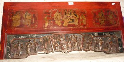19th c. Chinese carved and lacquered panel of figures, 40cm x 92cm