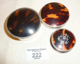 Three hallmarked silver boxes with tortoiseshell lids, one inlaid, a powder box, patch box and a
