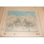 Contemporary abstract oil and mixed media montage on canvas of Alpine scene with skiers in relief,