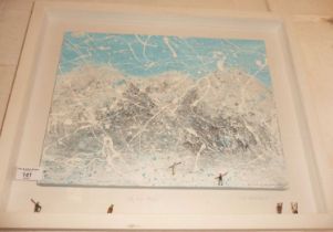 Contemporary abstract oil and mixed media montage on canvas of Alpine scene with skiers in relief,