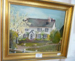 Naive oil on panel of 'The White House, Quedgley, Glos' by Marjorie Jackson, 12" x 15"
