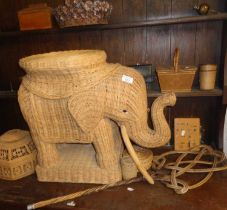 Canework elephant seat, fine woven basket and others, inc. carpet beater