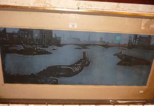 Coloured lithograph (12/30) of The Thames at Dusk with bridge and barges, signed in pencil lower