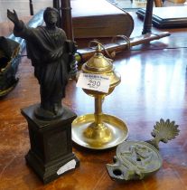 Grand Tour bronze statue of a Roman Senator, 18cm, a bronze spirit lamp and a brass spirit