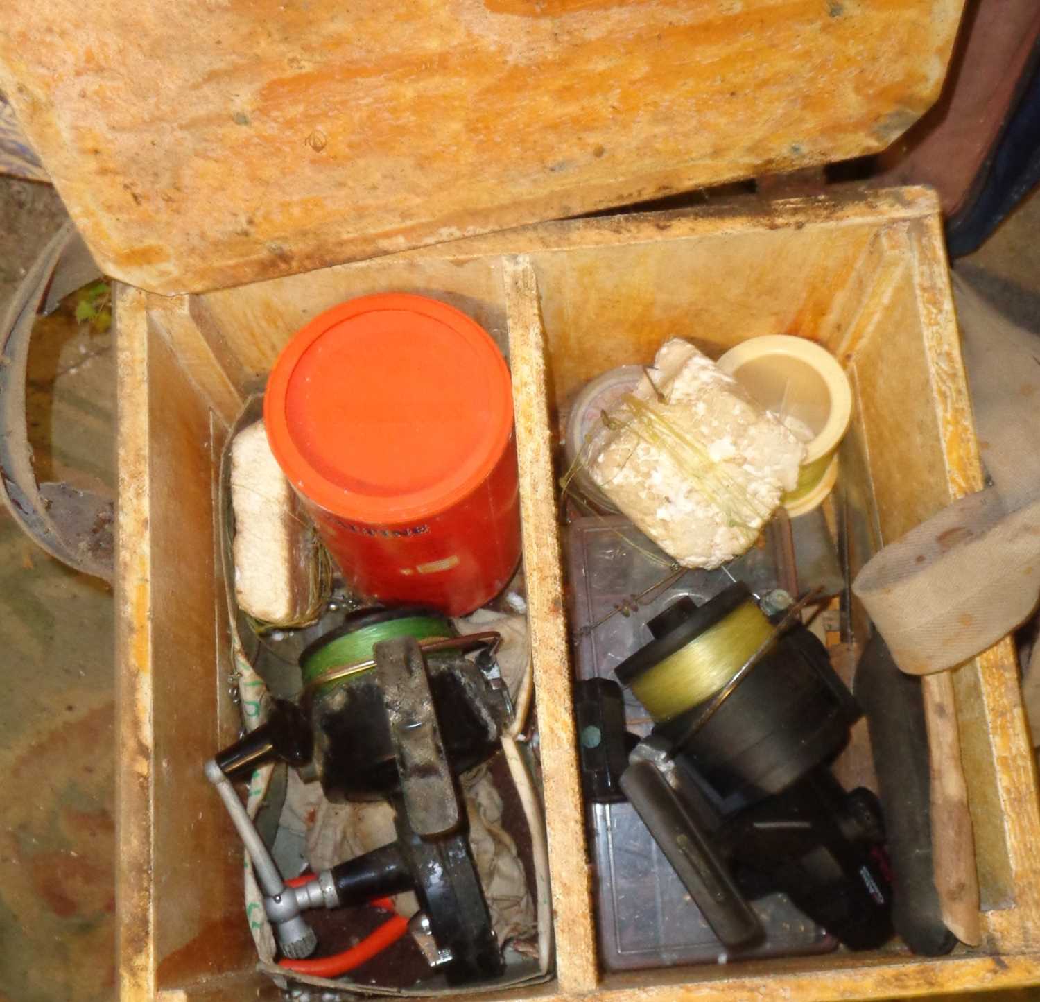 Two beach rods and two reels in old wood box